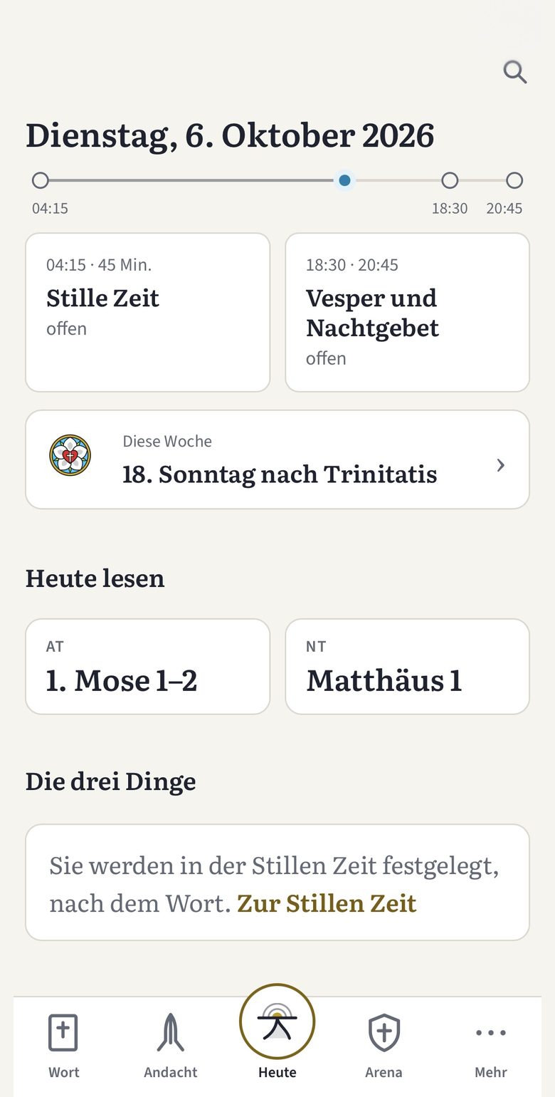 Henoch, Seite „Heute“: Tagesbogen mit Stiller Zeit, Vesper und Nachtgebet, Wochenspruch und Bibellese